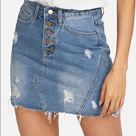 Buttom Up Bleach Wash Ripped Denim Skirt - Picture 1 of 4